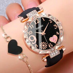Brand New 2pc Black & Rose Gold Sparkling Watch & Black Heart Bracelet Set